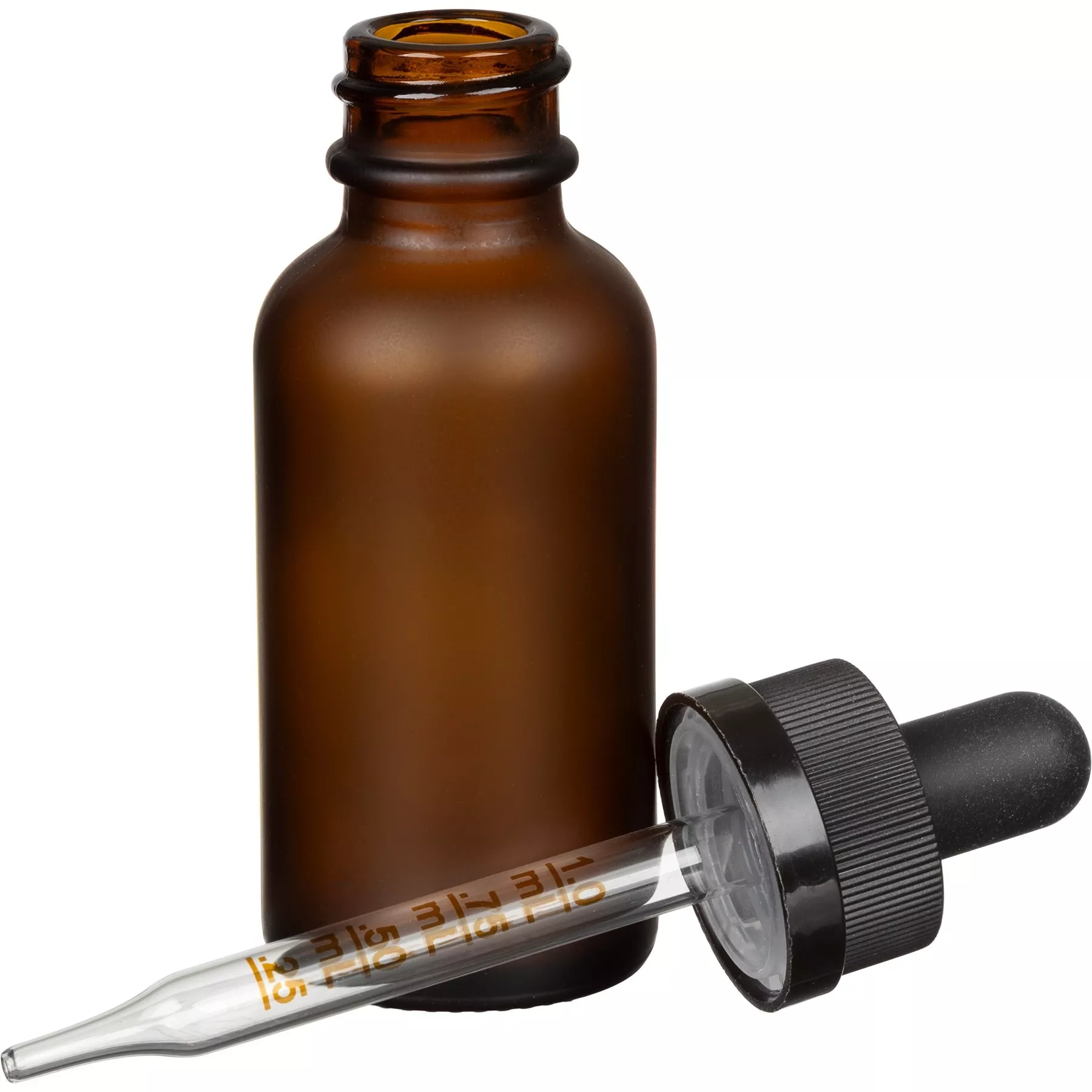 1 oz. Frosted Amber Boston Round Glass Bottle, 20mm 20-400 Black Child Resistant Calibrated Dropper
