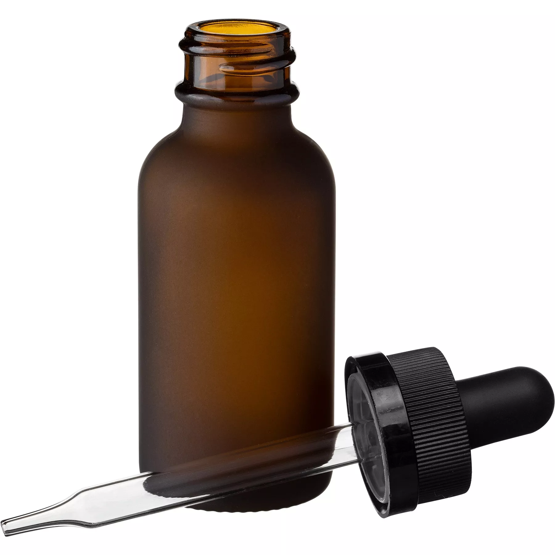 1 oz. Frosted Amber Boston Round Glass Bottle, 20mm 20-400 Black Child Resistant Dropper