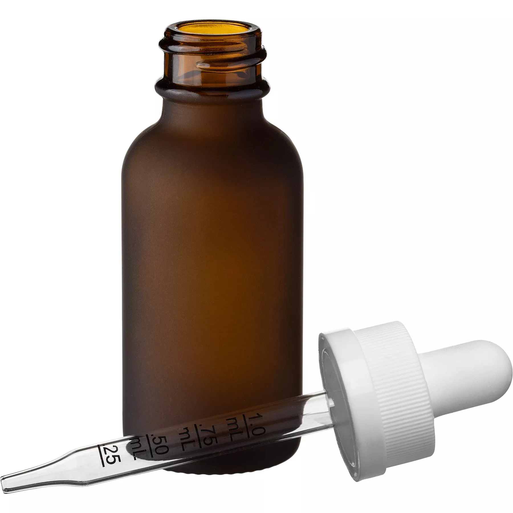 1 oz. Frosted Amber Boston Round Glass Bottle, 20mm 20-400 White Child Resistant Calibrated Dropper