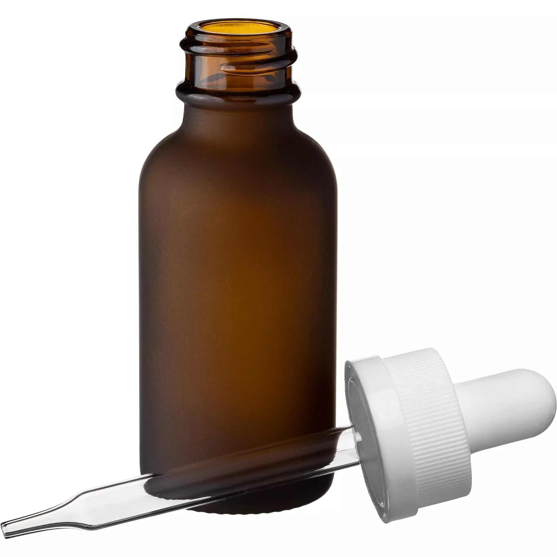 1 oz. Frosted Amber Boston Round Glass Bottle, 20mm 20-400 White Child Resistant Dropper