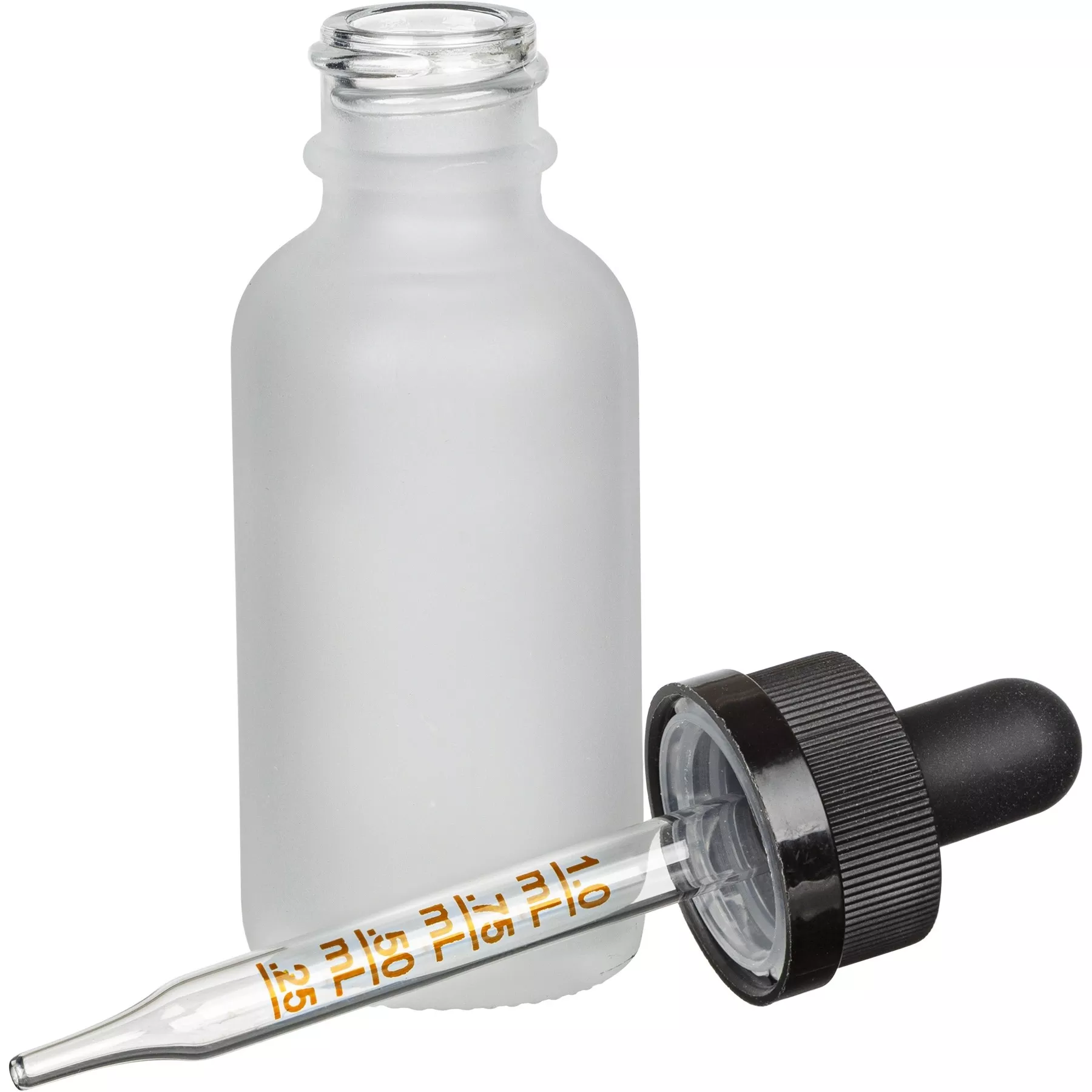 1 oz. Frosted Boston Round Glass Bottle, 20mm 20-400 Black Child Resistant Calibrated Dropper