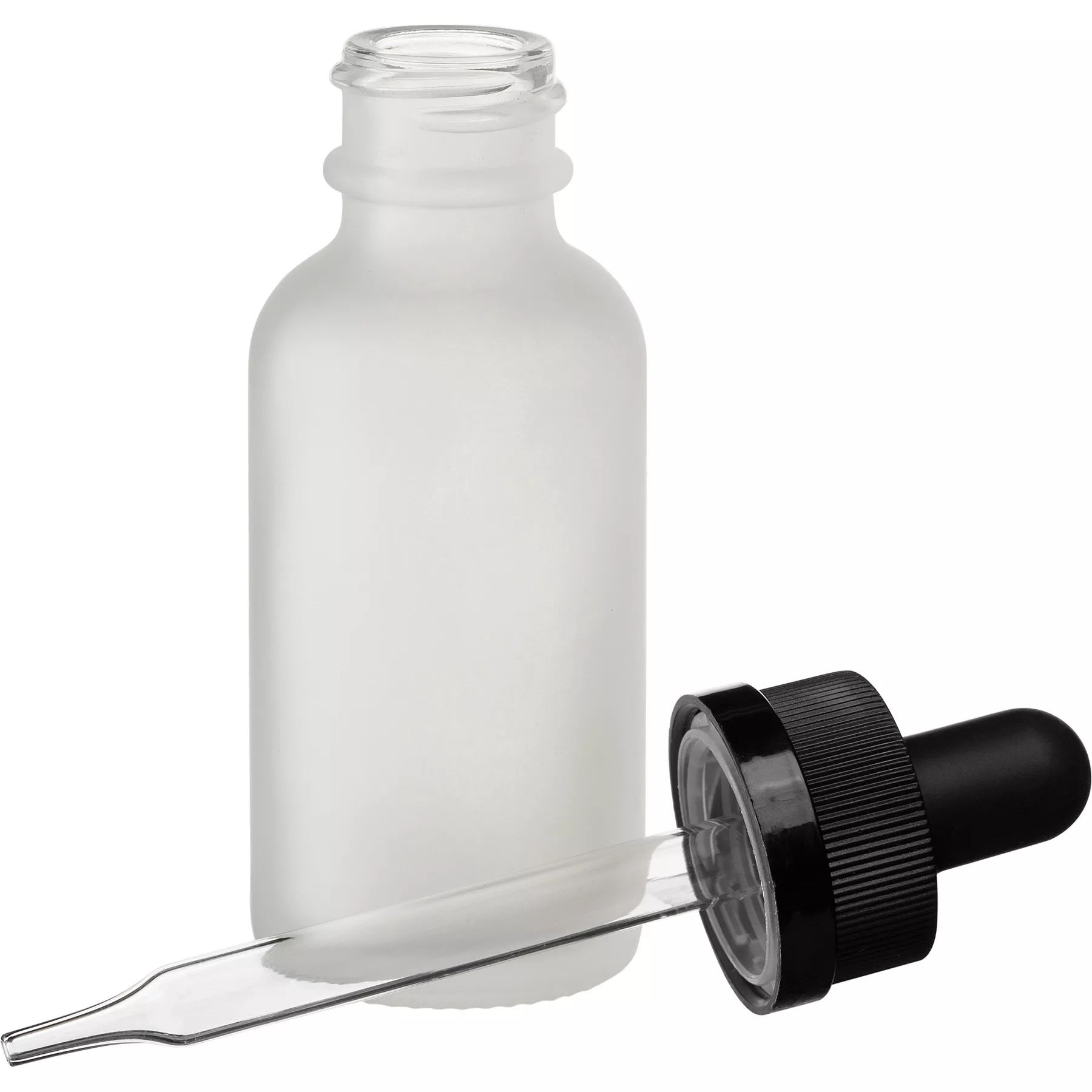 1 oz. Frosted Boston Round Glass Bottle, 20mm 20-400 Black Child Resistant Dropper