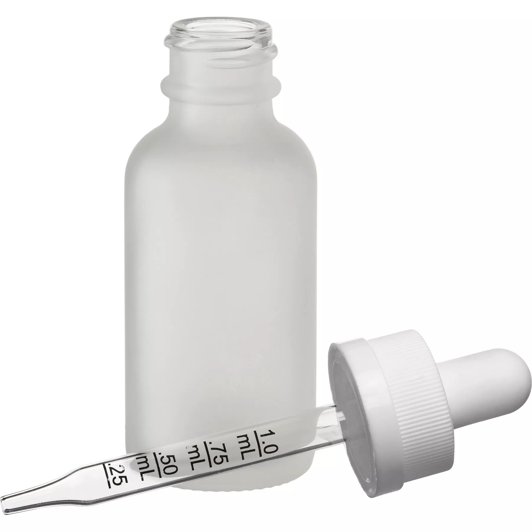 1 oz. Frosted Boston Round Glass Bottle, 20mm 20-400 White Child Resistant Calibrated Dropper