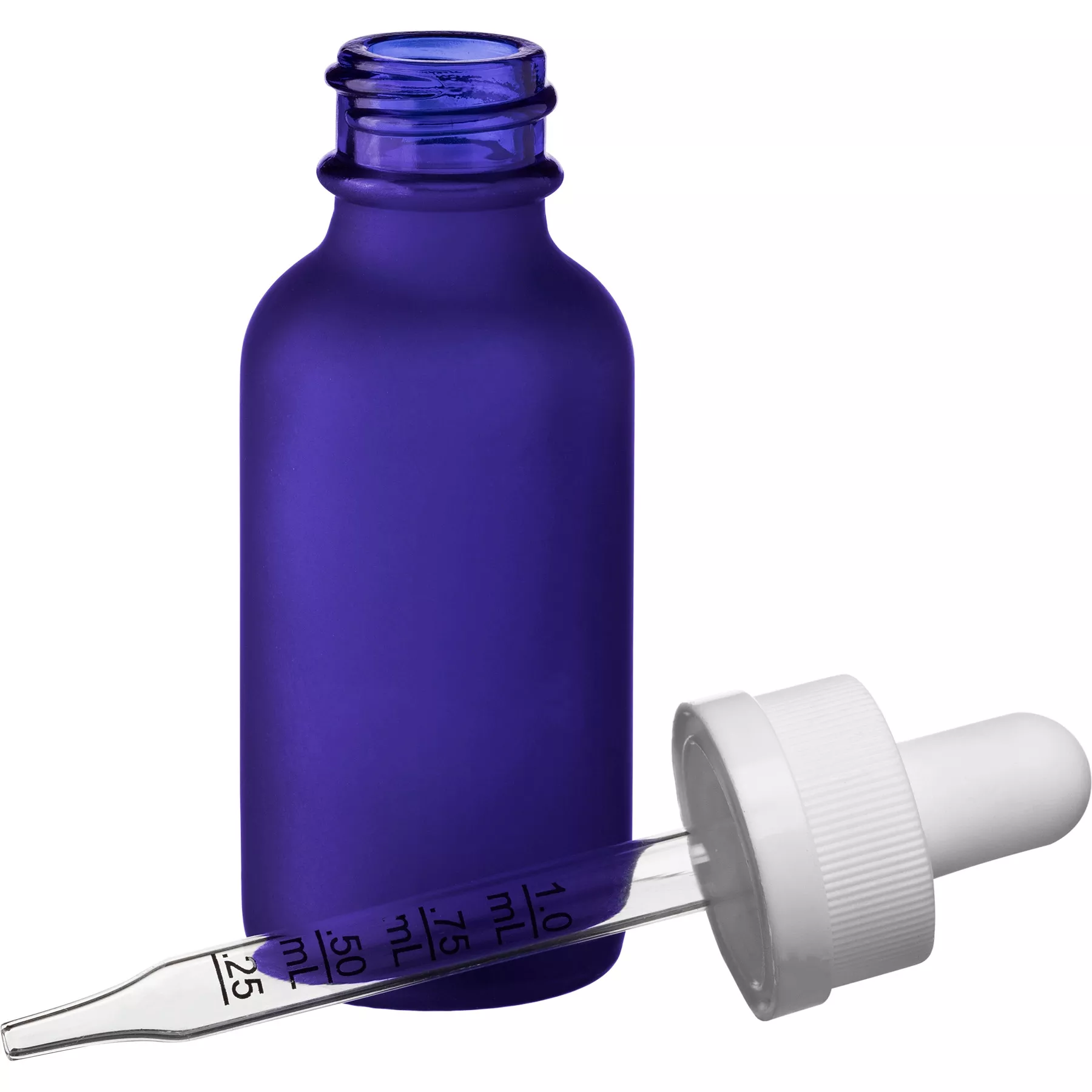 1 oz. Frosted Cobalt Blue Boston Round Glass Bottle, 20mm 20-400 White Child Resistant Dropper