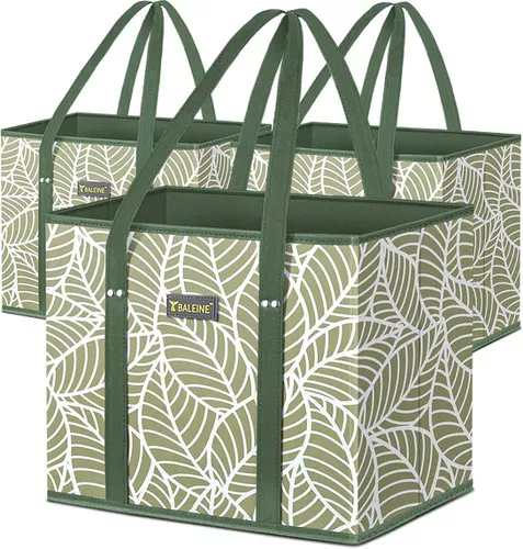 (3 Pack) Foldable Reusable Grocery Bags, with Reinforced Bottoms