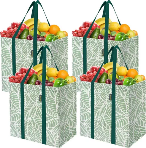 (4 Pack) Foldable Reusable Grocery Bags with Reinforced Bottoms