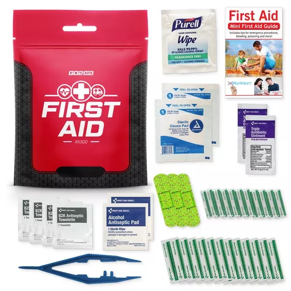 Go2 Kits 34 Piece First Aid Kit Featuring Assorted Bandages, Wipes and First Aid Basics in Compact Reusable Kits for Home, Office & Travel (RX300-1)